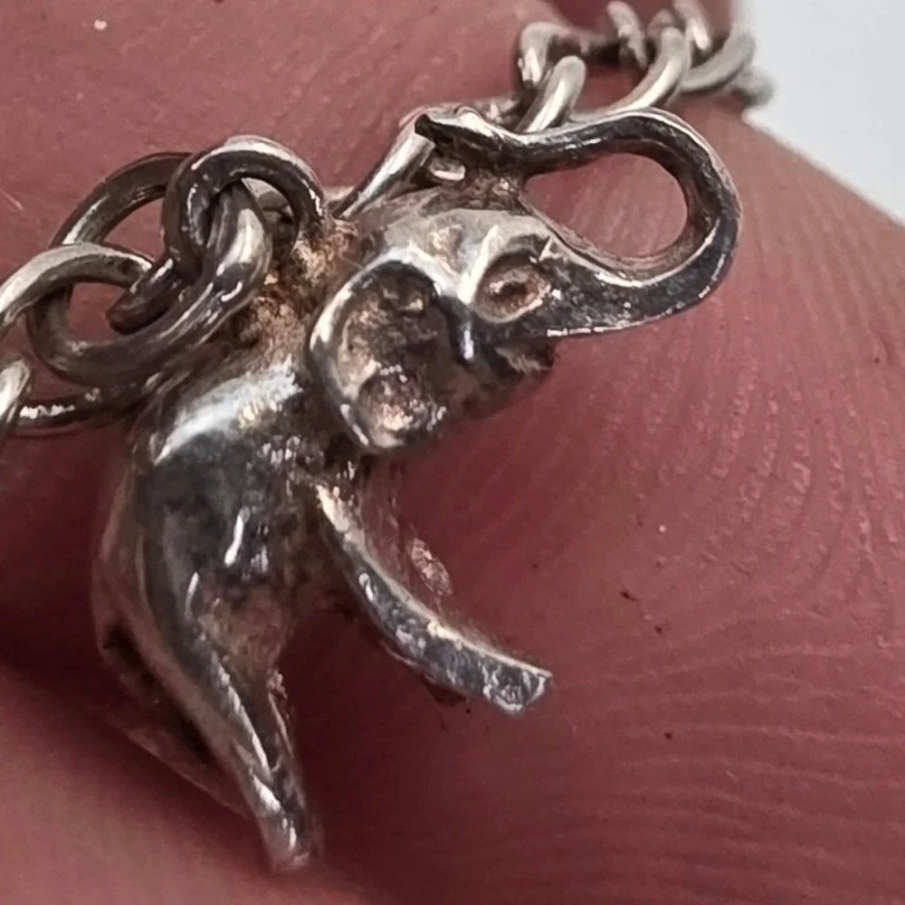 925 Sterling Silver Elephant Charm Bracelet with Bell Good Luck Jewelry 11.42g